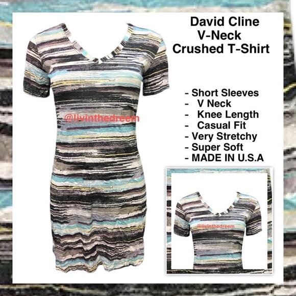 NWT David Cline V-Neck Short Sleeve T-Shirt Dress SZ Small Black Stripe $119 - Picture 1 of 15
